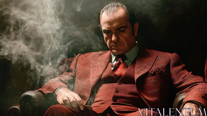 Smoky quiet moment with a stern man in a red suit.