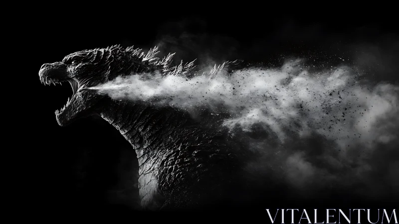 Monochrome reptilian kaiju profile exhaling particulate blast