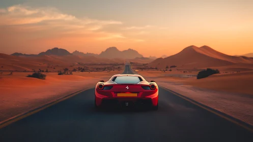 Scarlet supercar racing into a luminous desert horizon.