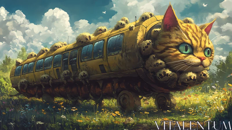 Whimsical cat bus rolls through a sunlit wildflower meadow.
