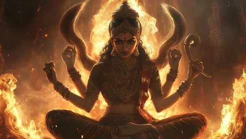 Multi-armed seated deity with fire and serpents in temple space.