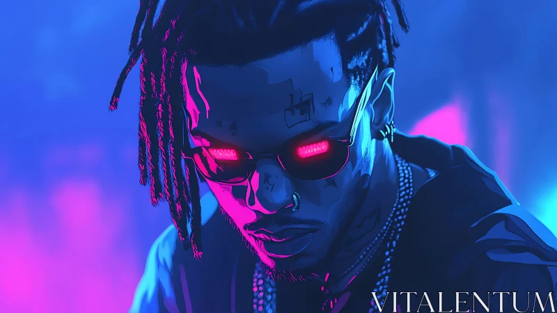 Neon-lit cyber singer in electric magenta and blue glow.