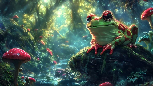 Bright eyed frog resting in a dreamy glowing forest pond.
