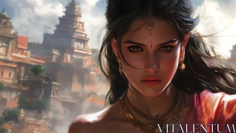 Digital painting portrait of regal woman before misted temples.