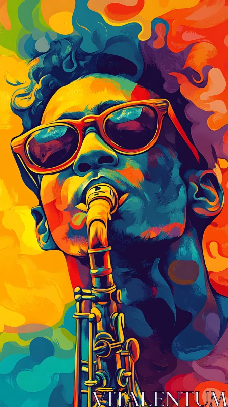 Chromatic sax serenade in swirling neon jazz dreamscape.