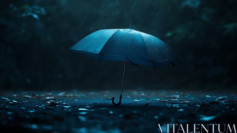 Solitary blue umbrella glowing under moody night rainfall.