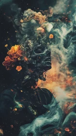 Human-like profile is integrated with smoke, light and flora