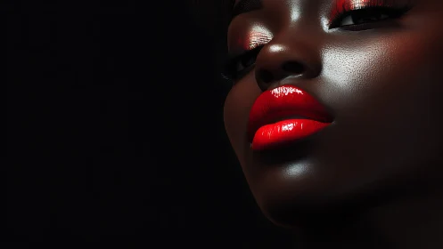 Velvet shadow portrait with bold red lips and quiet glow.