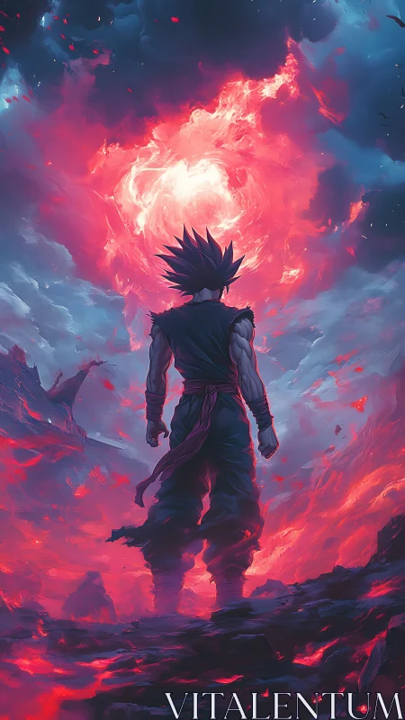 Warrior confronts blazing cosmic vortex in storm sky