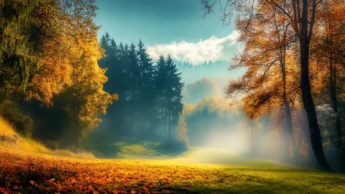 Autumn Forest Path Bathed in Golden Mist and Sunlight