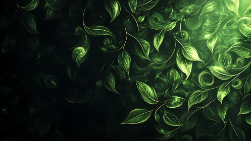 Luminous emerald leaves swirling through digital forest night.