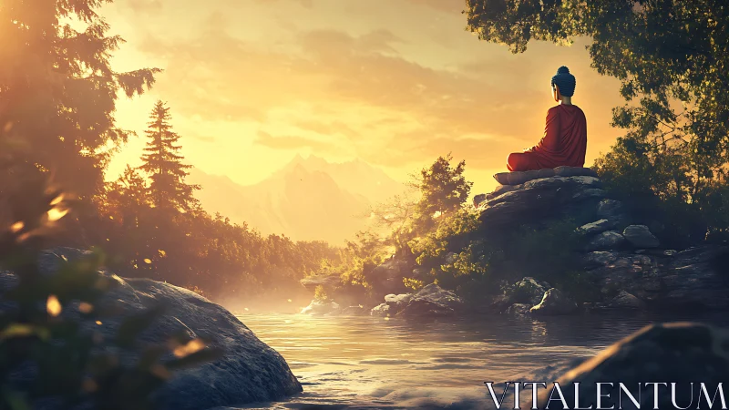 Buddha in crimson robe overlooks sunlit river valley.