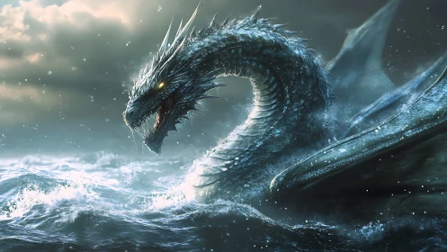 Sea dragon rises through storm waves under cold dawn light