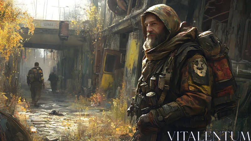 Hooded survivor stands in a decayed urban alleyway