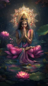 Divine lotus yogini in jeweled headdress under starlit aura.