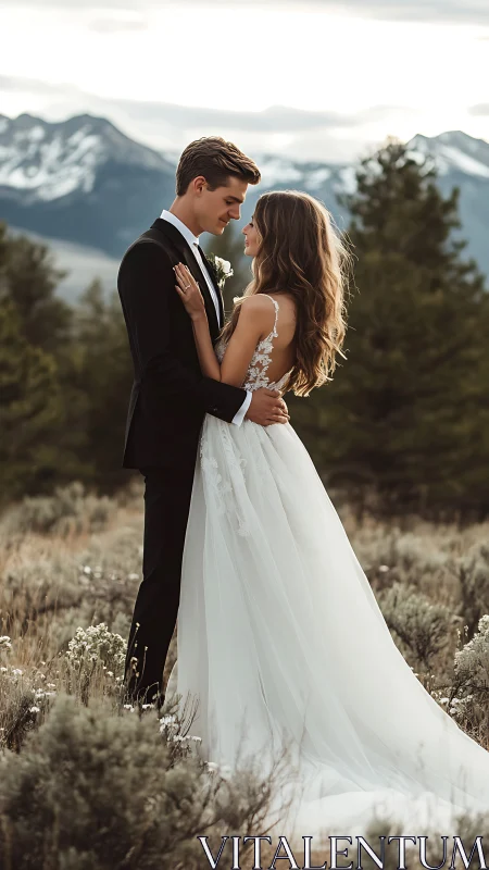 Bride and groom embrace in soft mountain sunset light