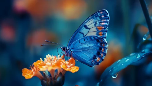 Macro study of blue butterfly on orange bloom with shallow DOF