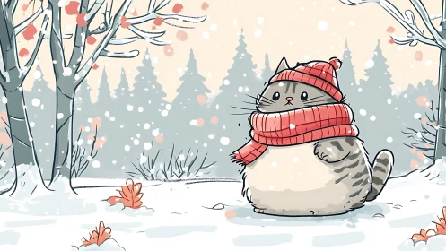 Cat wearing red knit beanie and scarf in snowy forest landscape.