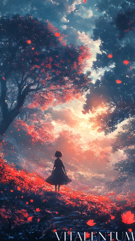 Solitary girl walks through a glowing red forest at dawn