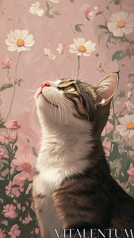 Tabby and White Cat Looking Upward Against Floral Background