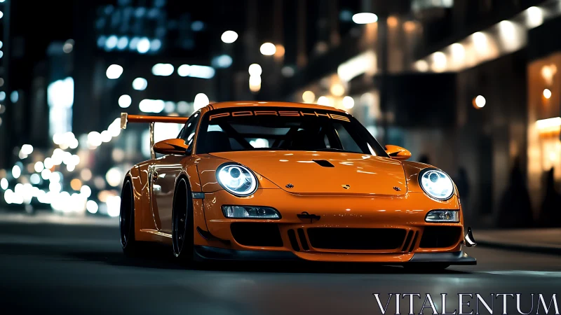 Midnight orange racer prowling through neon city streets.