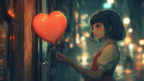 Girl in rainlit city holds melting red heart balloon.