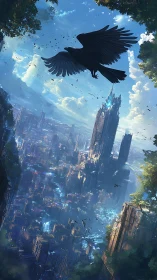 Silhouetted bird over dense futuristic vertical cityscape.