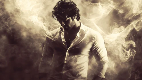 Moody portrait in swirling golden smoke and shadowed light.