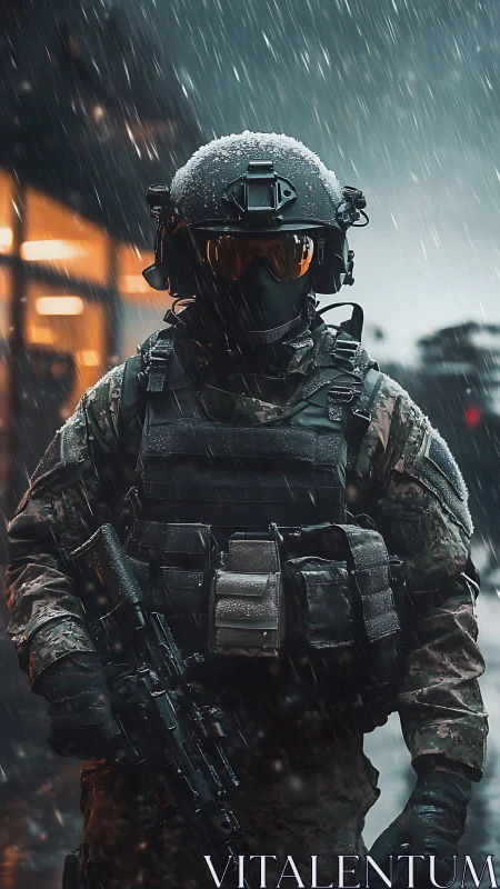 Tactical soldier in rain-soaked armor with carbine rifle.