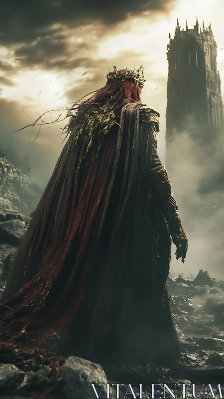 Fallen monarch stalks ruined tower through storm haze.