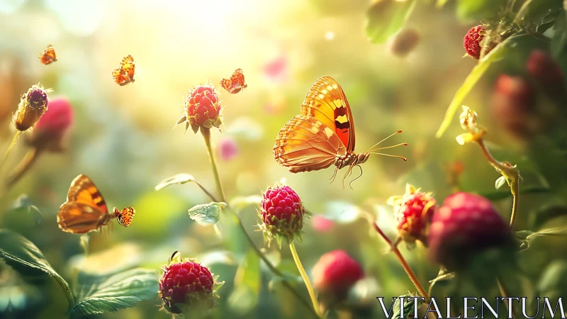 Sunlit butterfly rests over ripe raspberries in summer garden