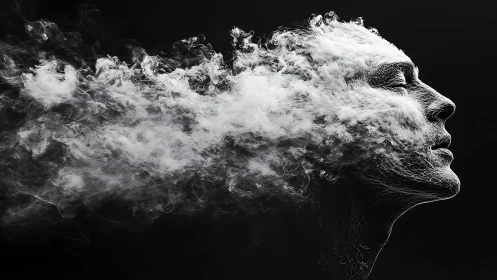 Digital painting portrait dissolving into abstract smoke field.