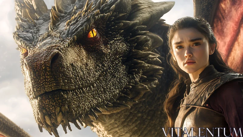 Fierce young rider stands bravely beside her loyal dragon