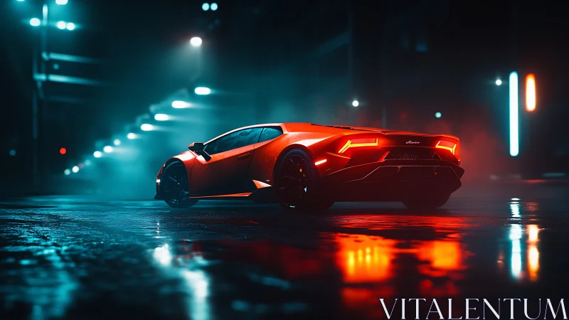 Red sports car on wet neon lit street at night in cityscape.