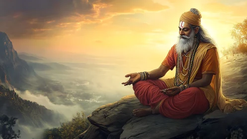 Sunrise whispers around the meditating sage on cliff’s edge