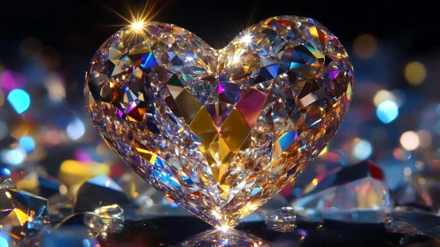 Crystal heart diamond with prismatic light reflections.