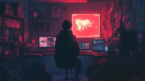Lone hacker monitors glowing red cyber maps in dark room