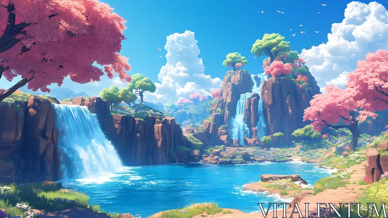 Sunlit waterfalls pour into a bright pool of tranquil magic