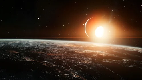 Digital painting of alien sunrise over frozen exoplanet horizon.