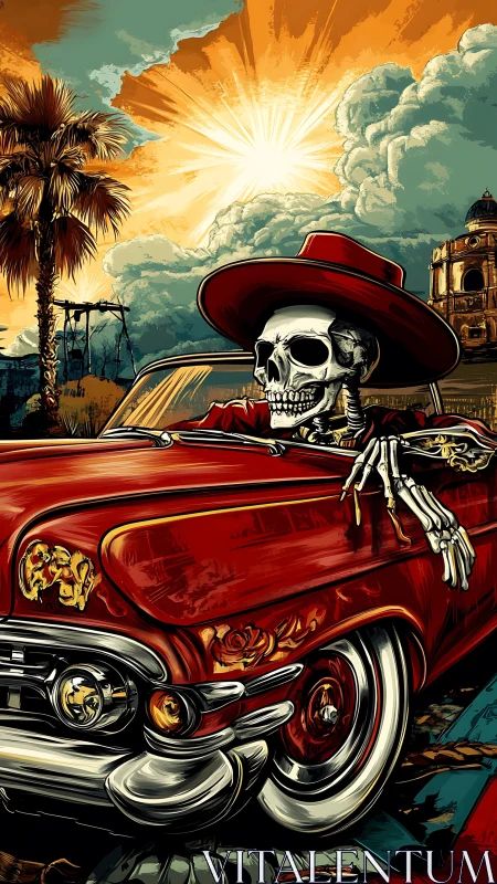 Skeleton driver cruises lowrider beneath blazing desert sun