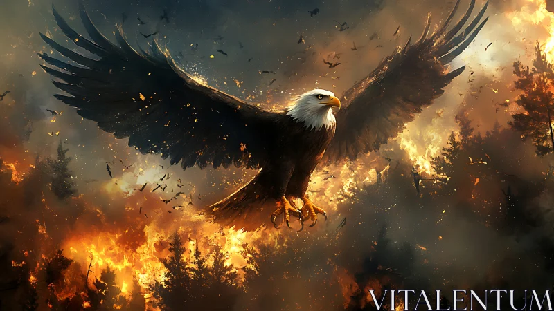 Majestic Bald Eagle Soaring Over Burning Forest in Dramatic Art.