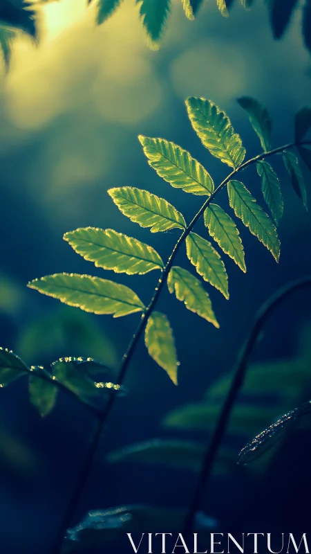 Fern leaves catch dawn light over deep teal bokeh haze.