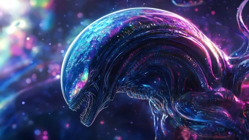 Bioluminescent alien predator under iridescent cosmic light.