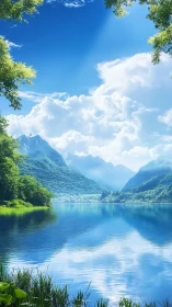 Tranquil mountain lake beneath radiant midday sky.