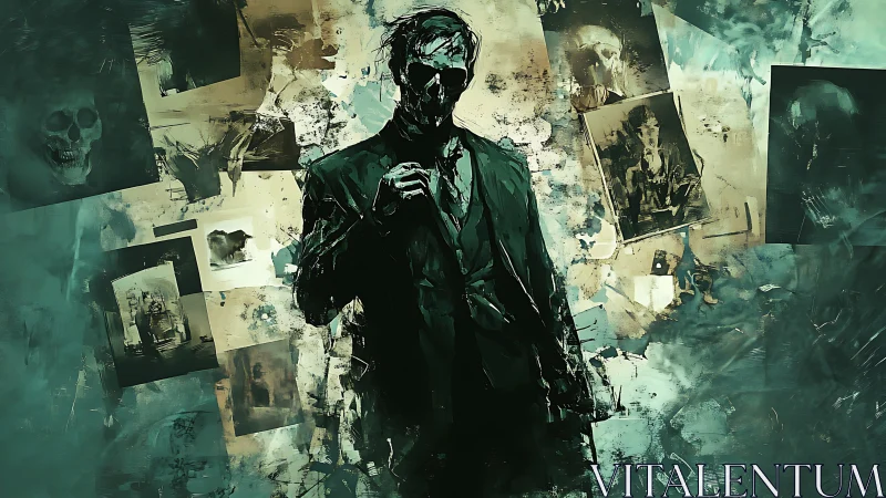 Shadowed curator strolls through a gallery of haunted memories