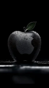 Black reflective apple with water droplets stands on dark surface