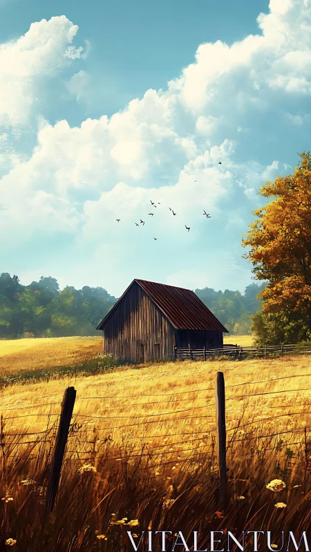 Old wooden barn stands in golden field under vast clouds