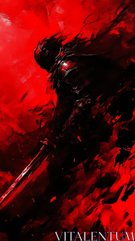 Armored dark knight emerges in abstract crimson turbulence