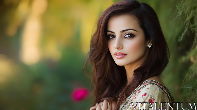 Garden hush around a rose‑soft gaze in golden light.