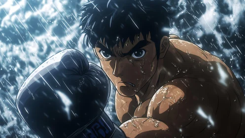 Driven boxer under heavy rain with dynamic anime shading.
